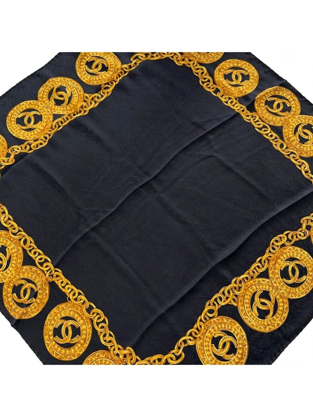 Chanel Scarf Black Gold CC Logo Chain Pattern Silk
